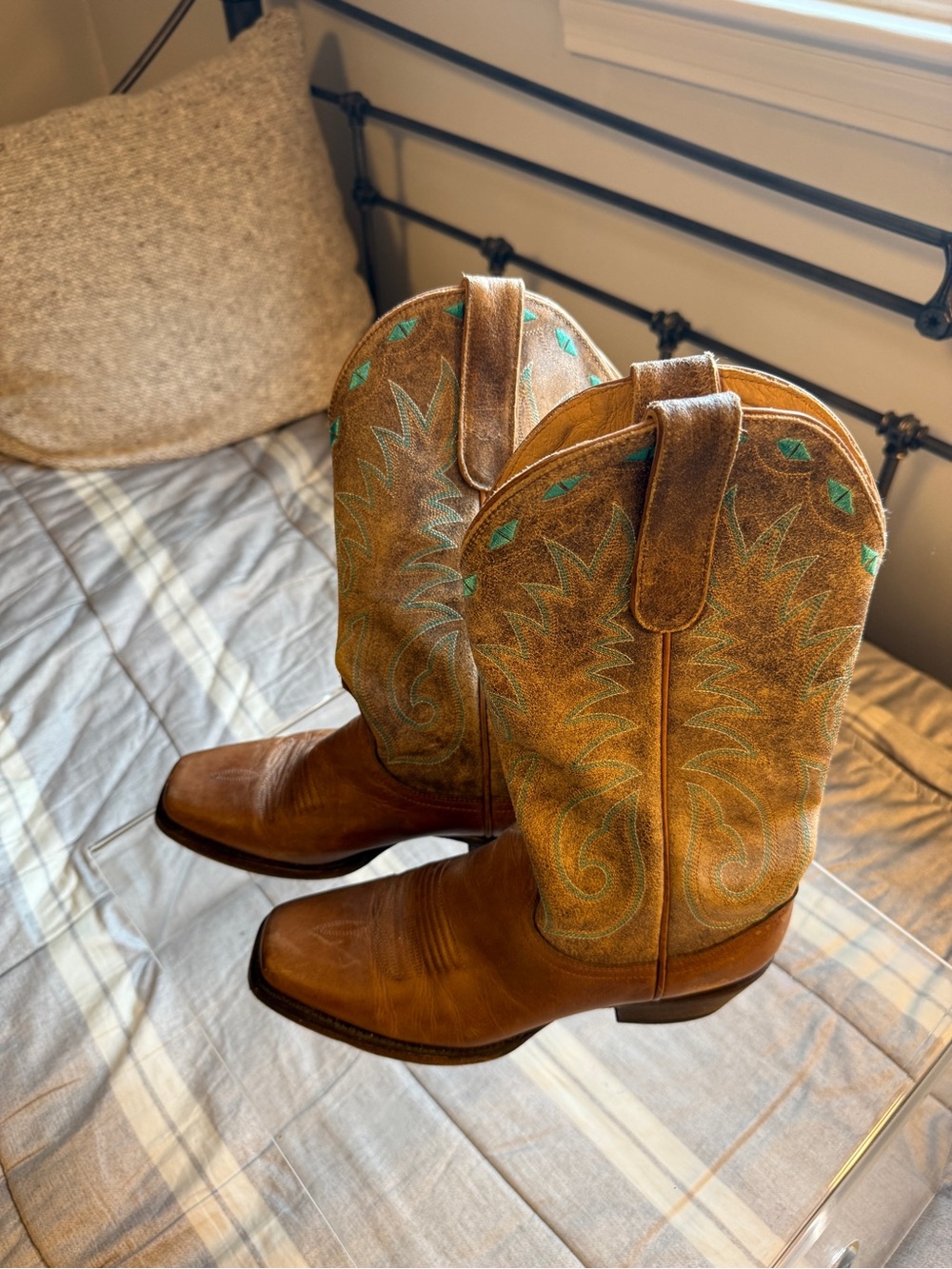 Women's Brown Leather Western Heeled Boots with Turquoise Stitching - Picture 2 of 5